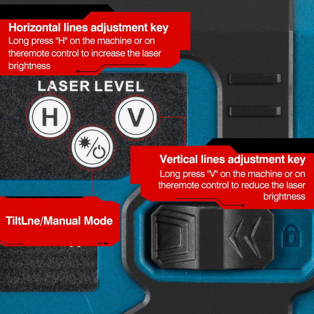 16-line infrared level in ABS housing with dual power supply and EU plug, shown on floor