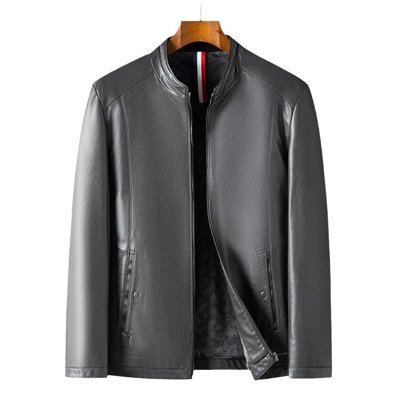 Men's genuine sheepskin leather jacket in black with fleece polyester lining, front view