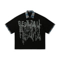 Men's loose blue cotton top with graffiti print on lapel and asymmetrical cut