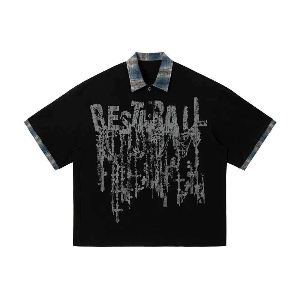 Men's loose blue cotton top with graffiti print on lapel and asymmetrical cut