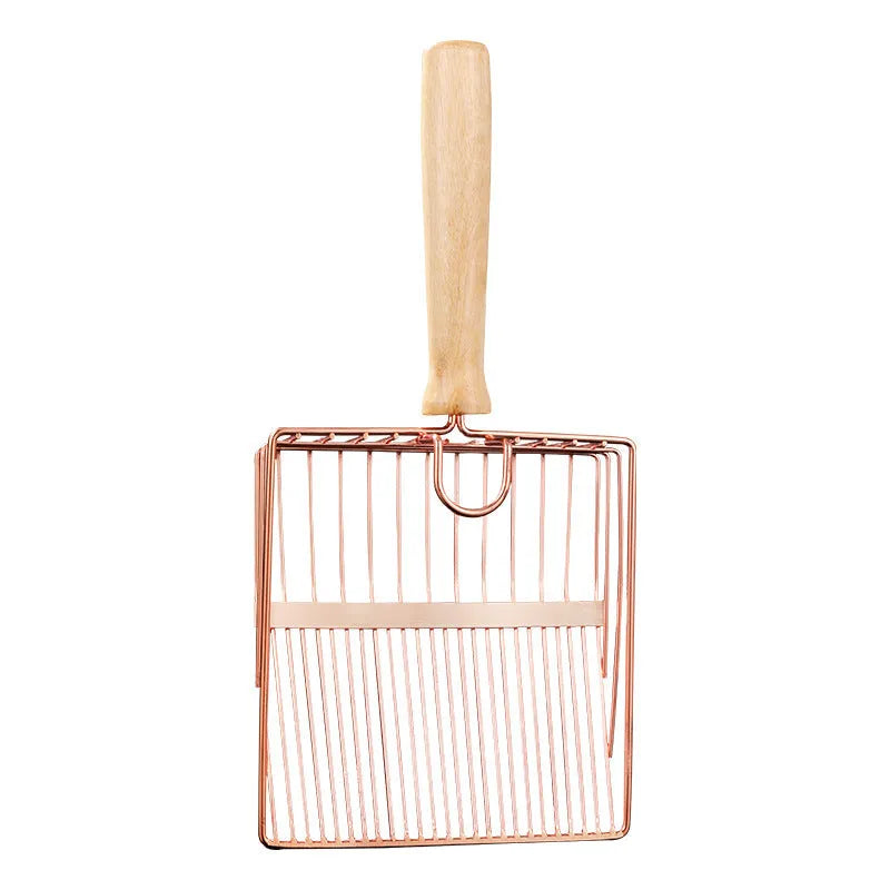 Stainless steel cat litter shovel with a long wooden handle for scooping pet waste.