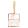 Stainless steel cat litter shovel with a long wooden handle for scooping pet waste.