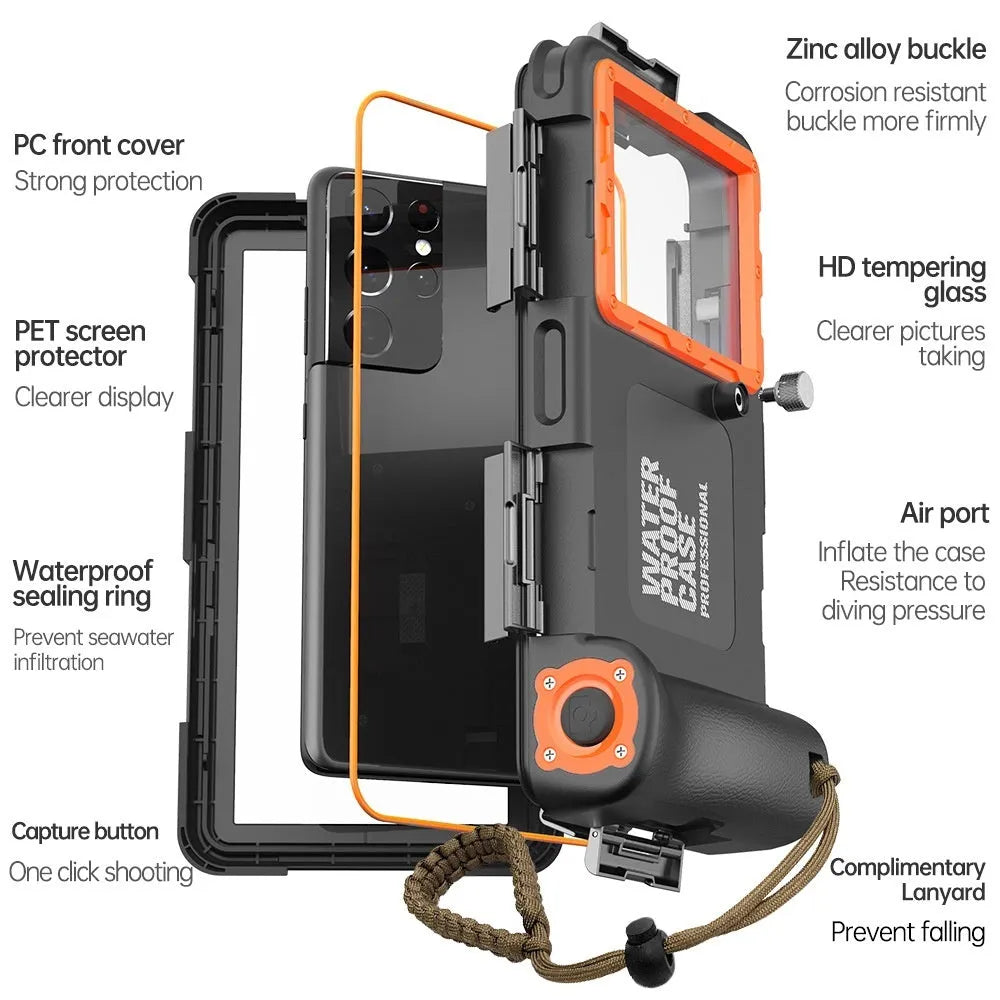 Simple Shooting Waterproof Universal Phone Case in Black Orange with Metal Construction and Lanyard