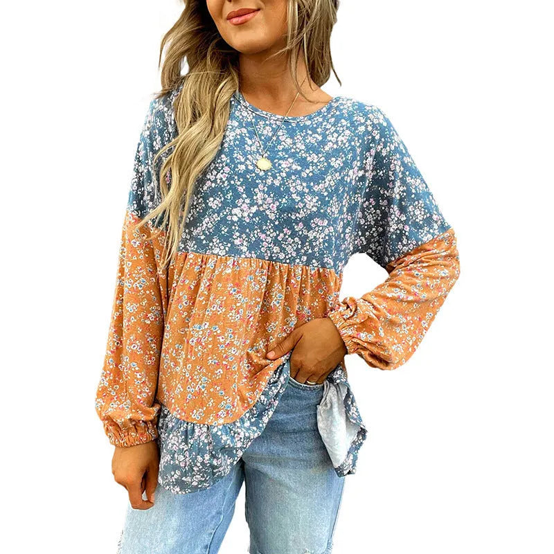 Women's digital printed floral chiffon shirt in orange with contrast colour, loose pullover style, round neck