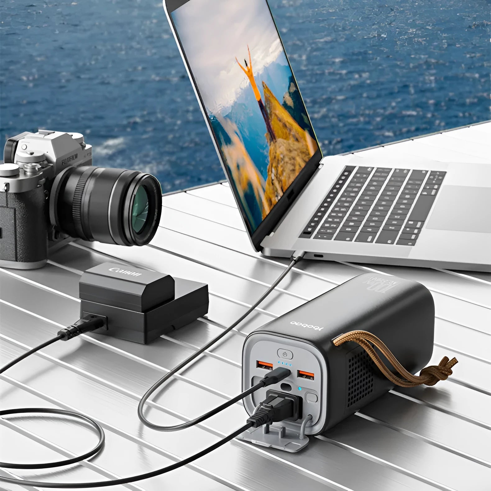Black portable power bank with solar panel, showing USB ports and car charging socket