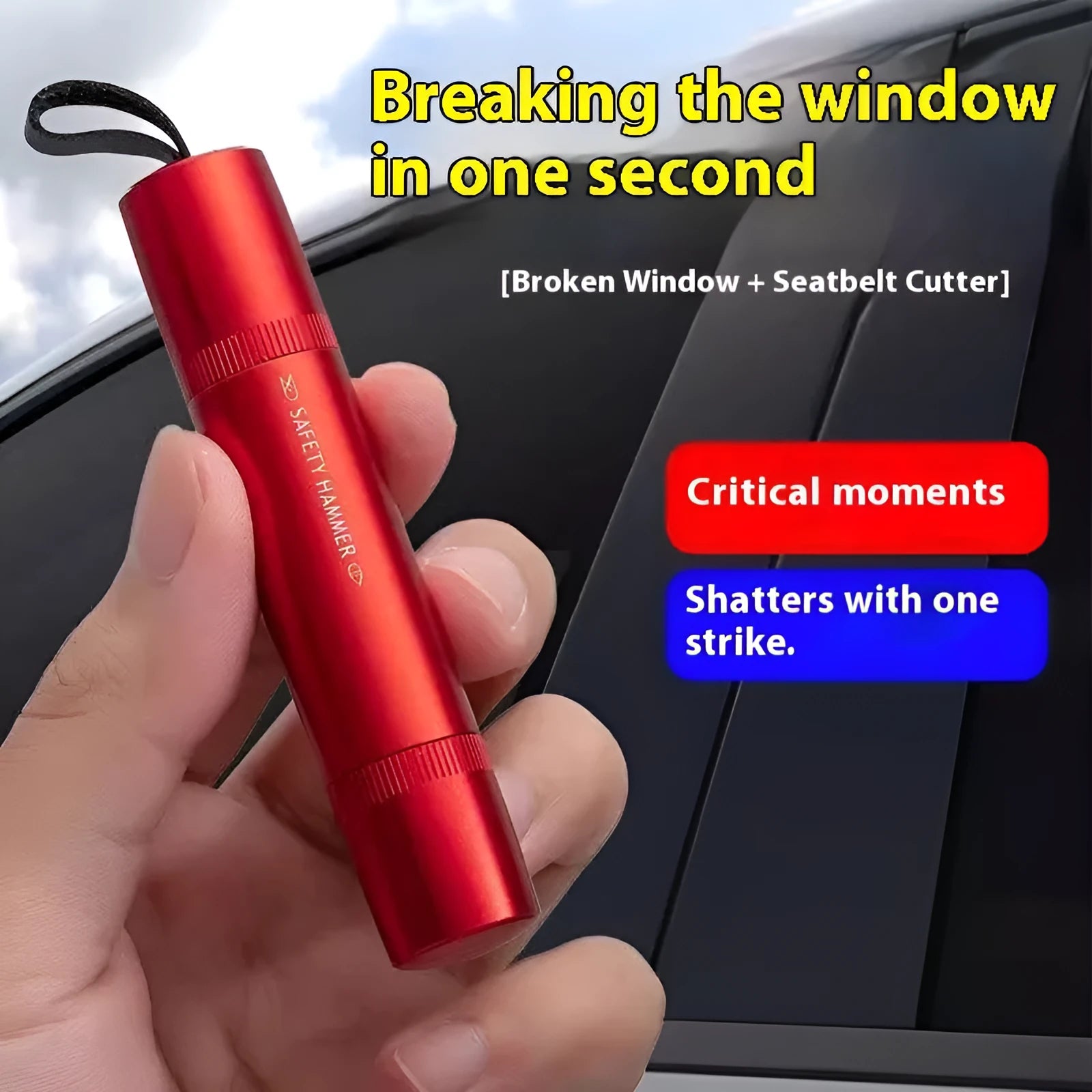 Black and red car safety life hammer with spring-loaded steel tip for emergency window breakage