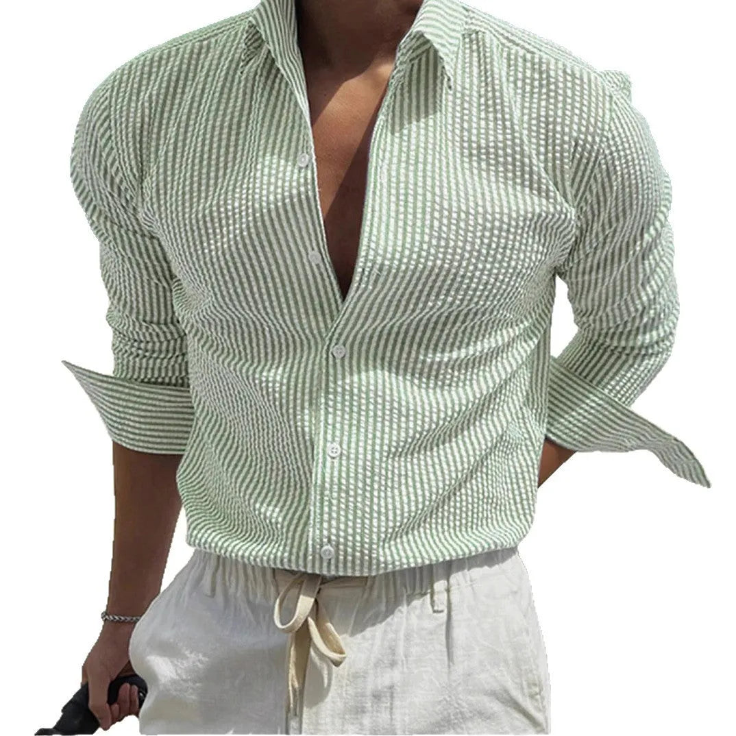Man's blue and white striped long sleeve shirt with a cardigan lapel collar