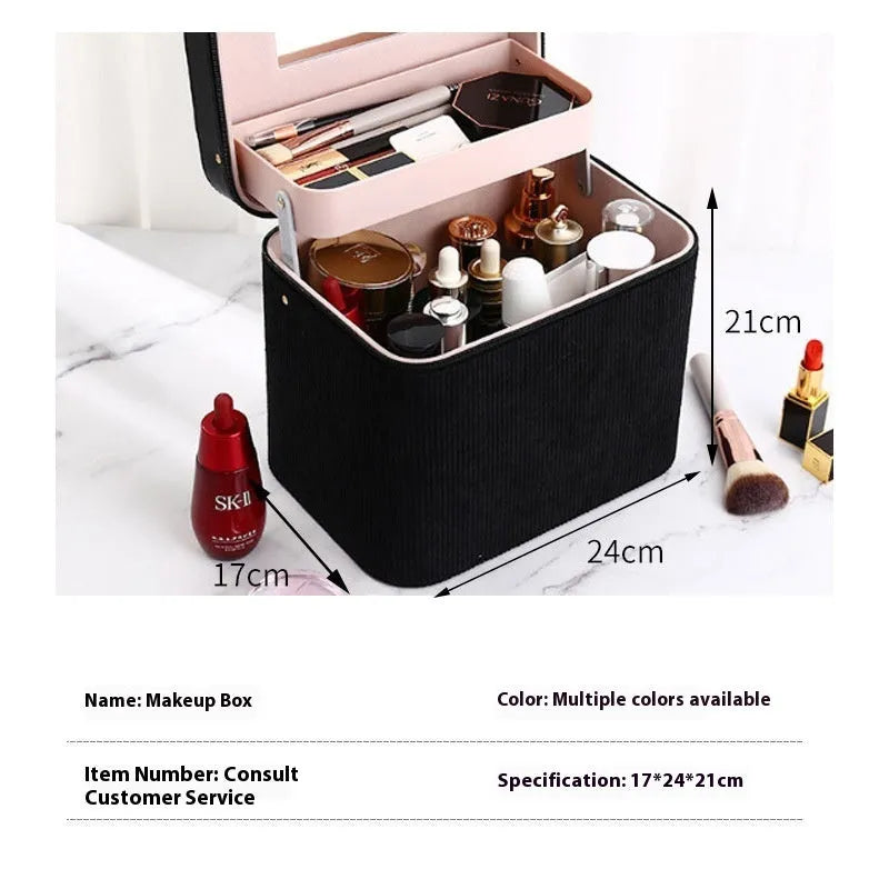 Large corduroy cosmetic storage box with soft lining in solid colour