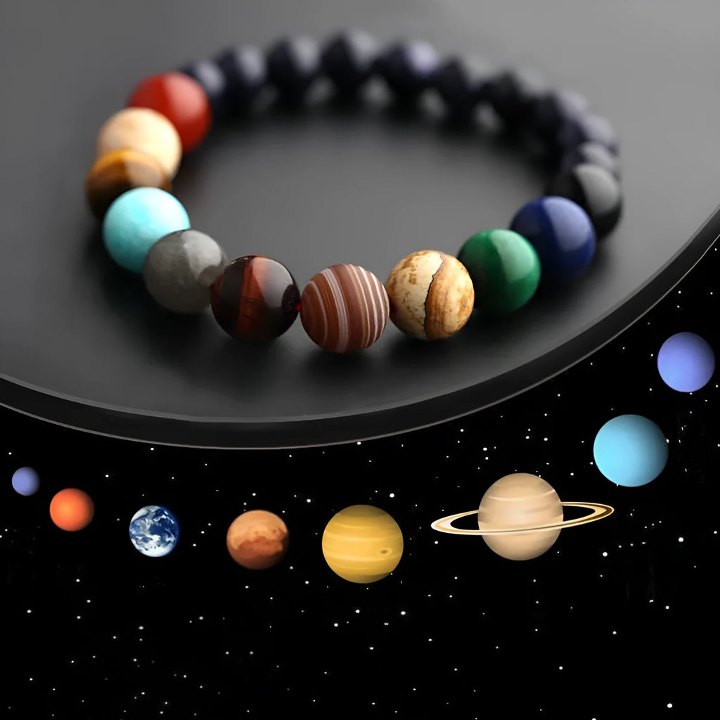 Eight planets natural stone beaded bracelet on wrist, 19cm elastic unisex design