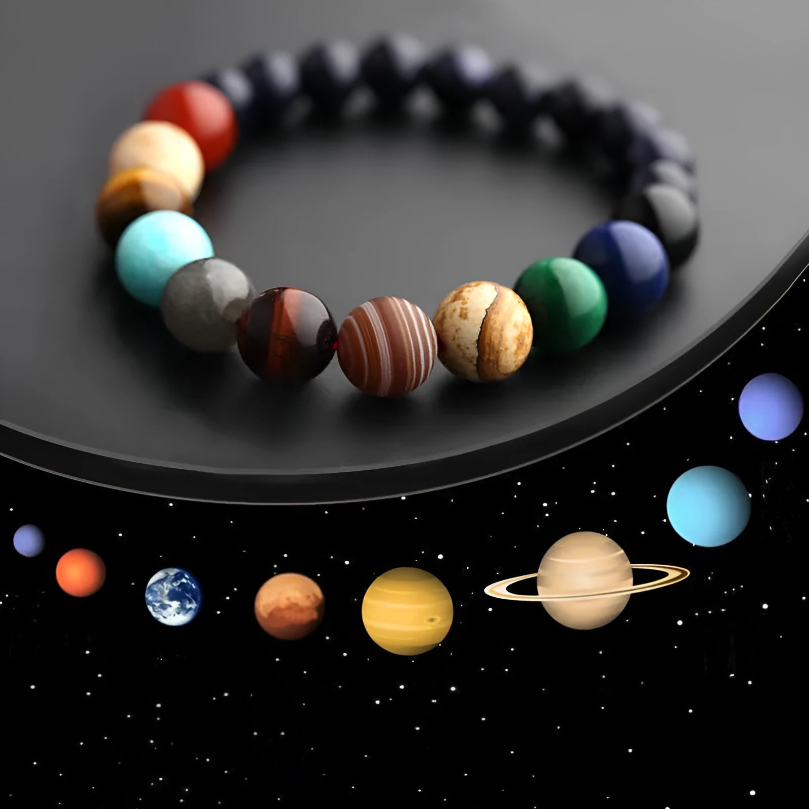 Eight planets natural stone beaded bracelet on wrist, 19cm elastic unisex design