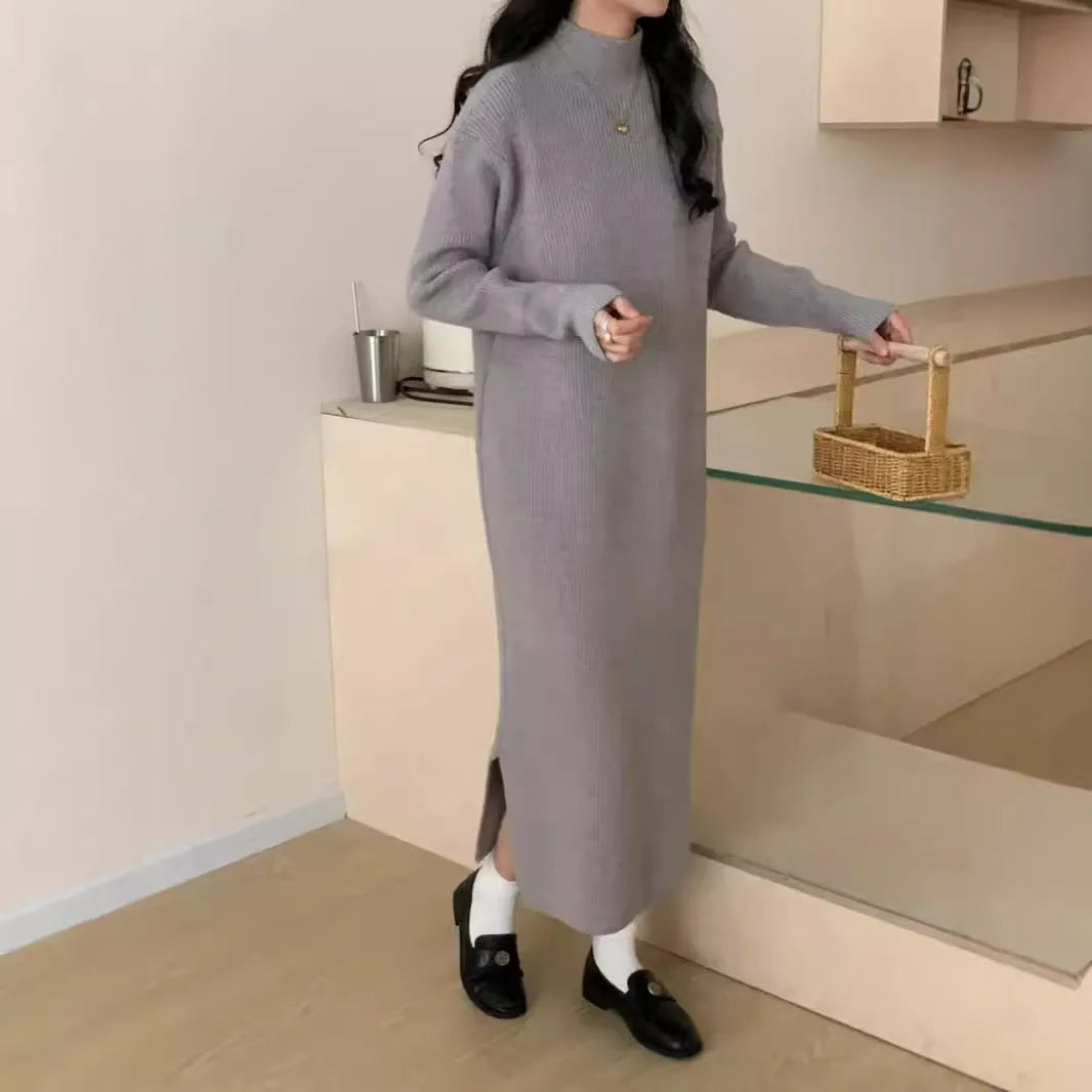 Half turtleneck long sleeve knitted dress in solid colour with high waist