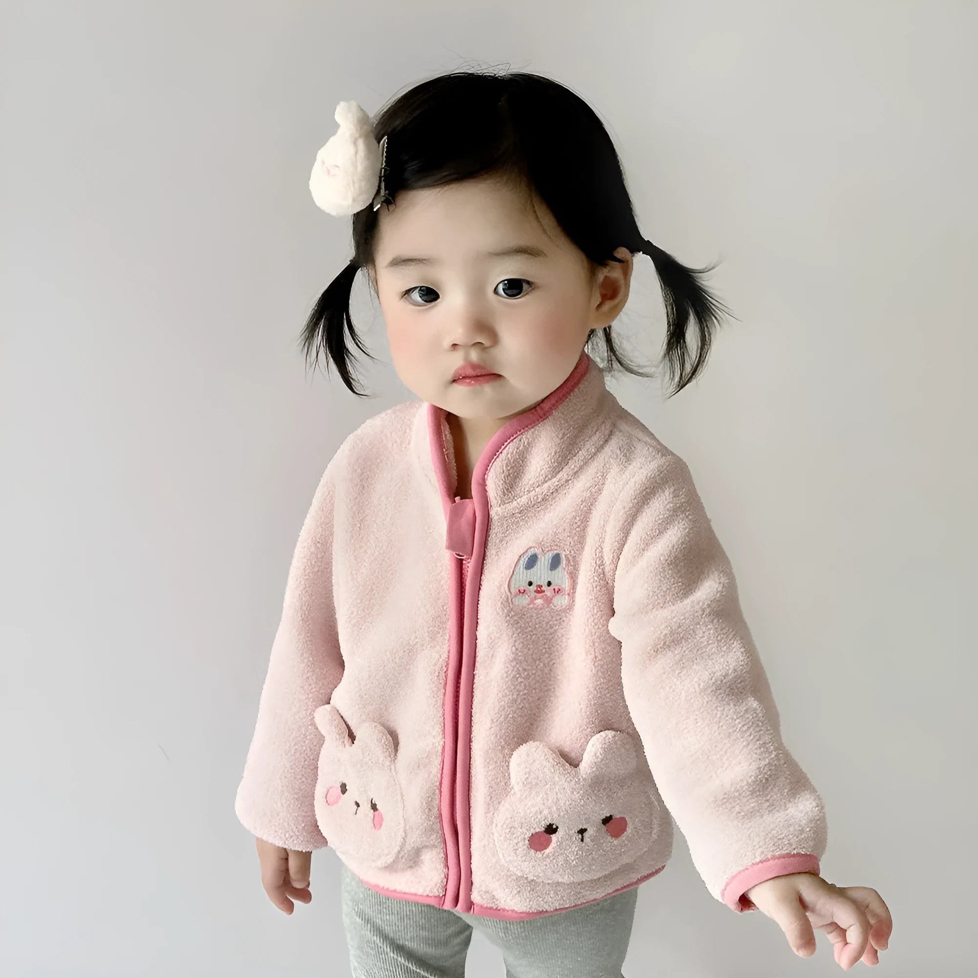 Girls autumn winter fleece rabbit coat in pink with velvet fabric, fur lining, and front zipper