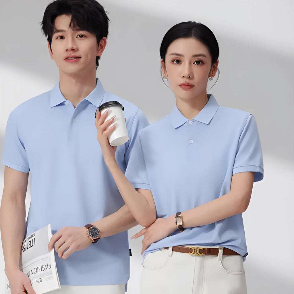 Man's light blue ice silk polo shirt with a lapel collar on a hanger.