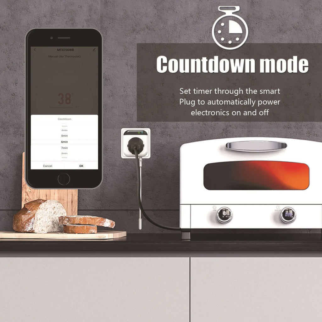 White Tuya WiFi smart temperature control socket with US plug and external temperature sensor probe.