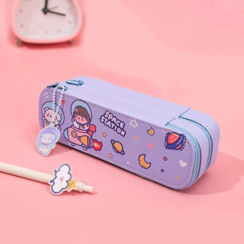 Ins cartoon double-layer PU pencil case with cute astronaut design, available in multiple colours and sizes S to XL