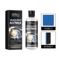Headlight restoration kit showing bottle of polishing fluid, microfibre cloth, and sponge applicator
