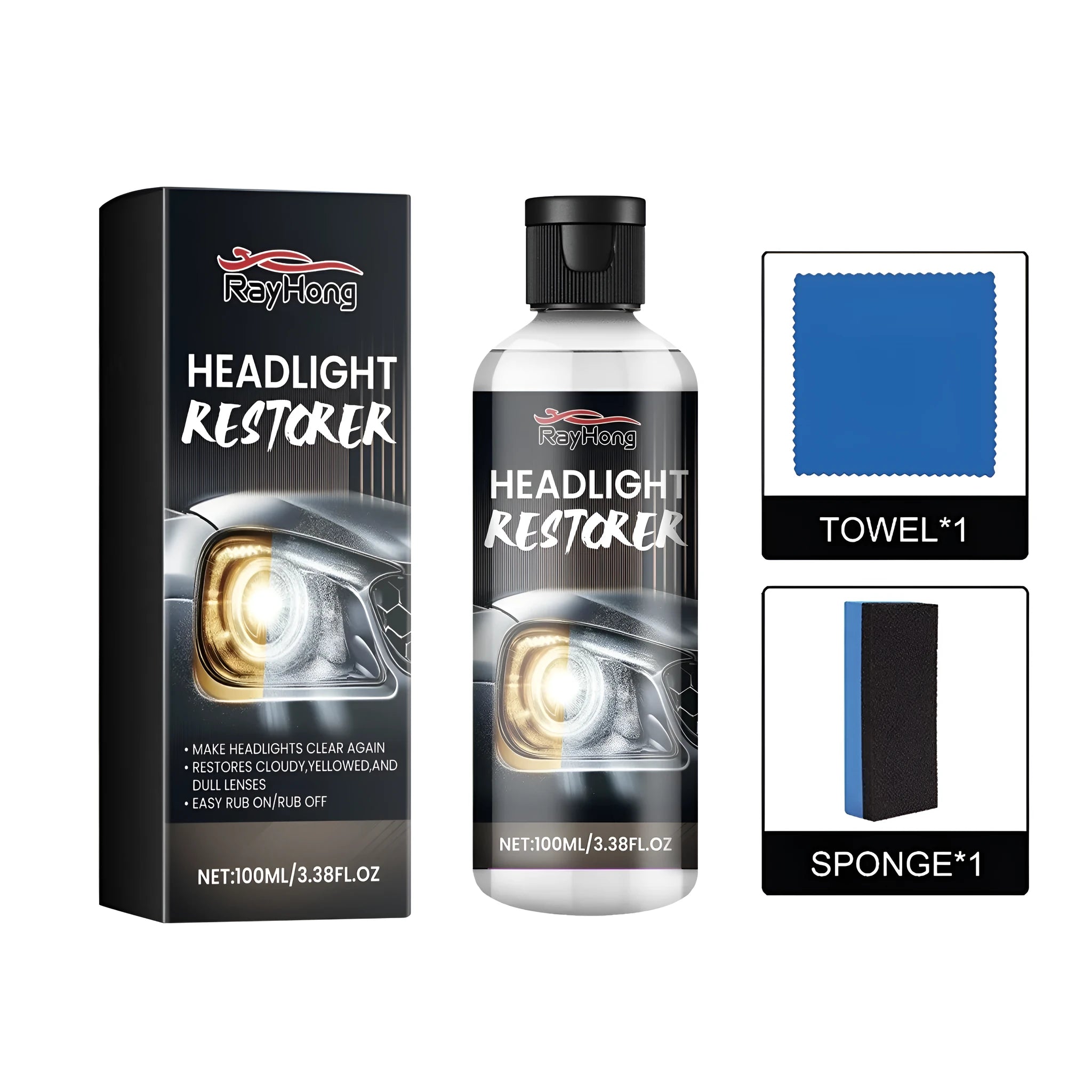 Headlight restoration kit showing bottle of polishing fluid, microfibre cloth, and sponge applicator