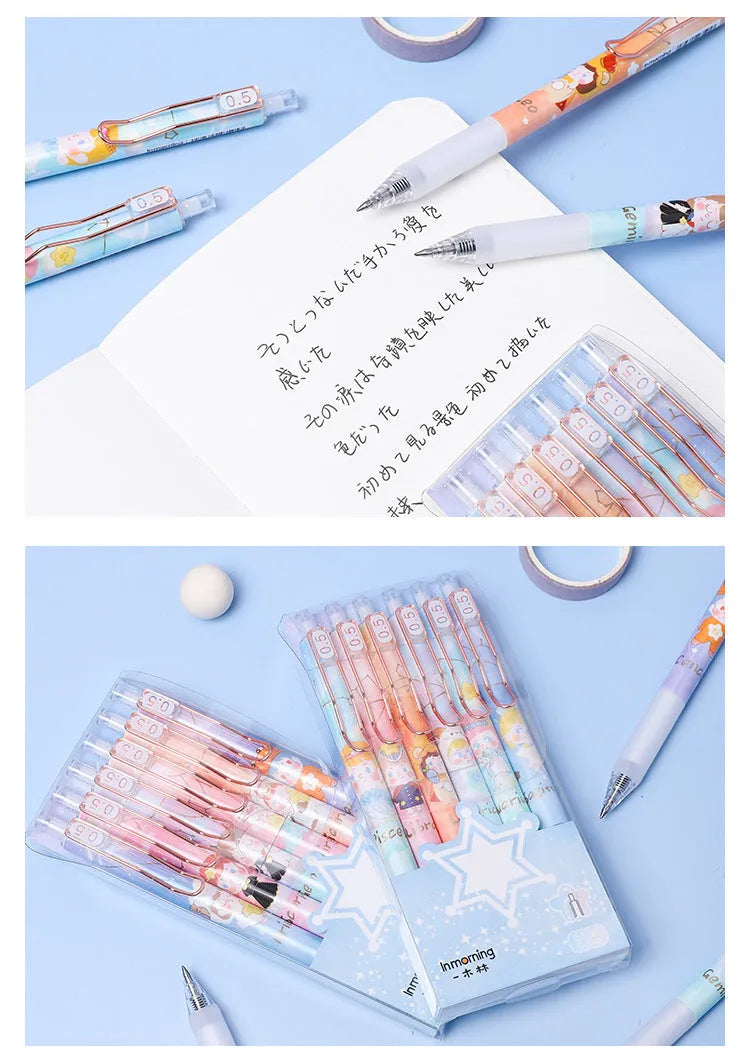 Six press gel pens with cartoon constellation designs, showing styles A and B.