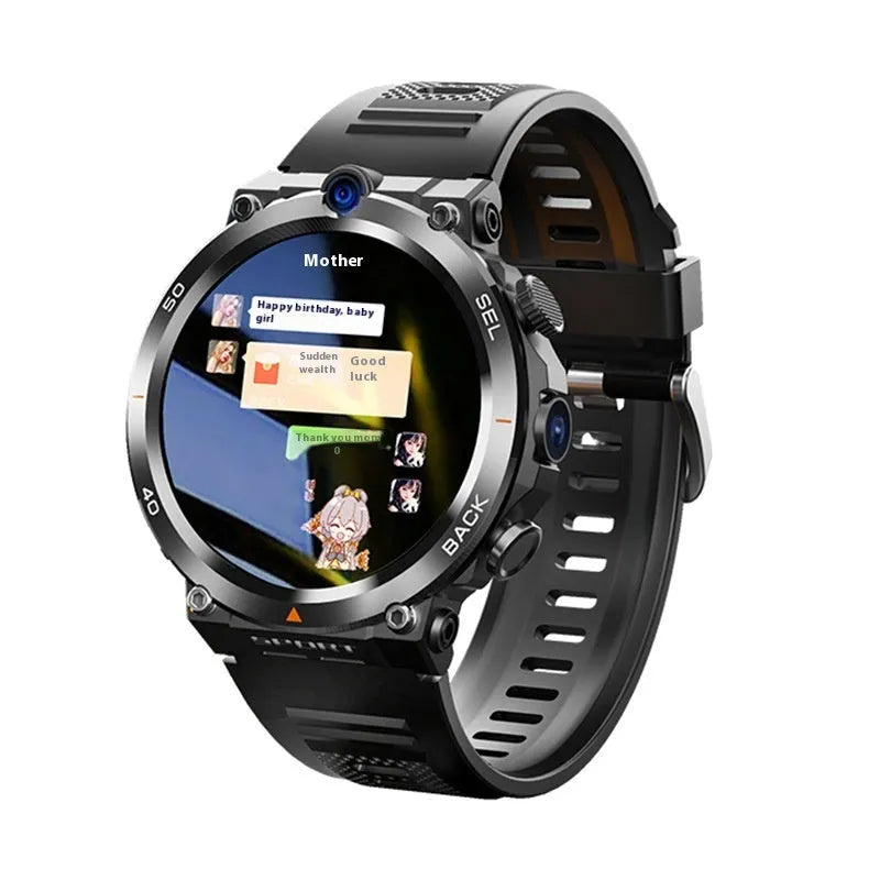 Sports smartwatch with dual cameras showing TFT touchscreen displaying heart rate monitoring and NFC functionality