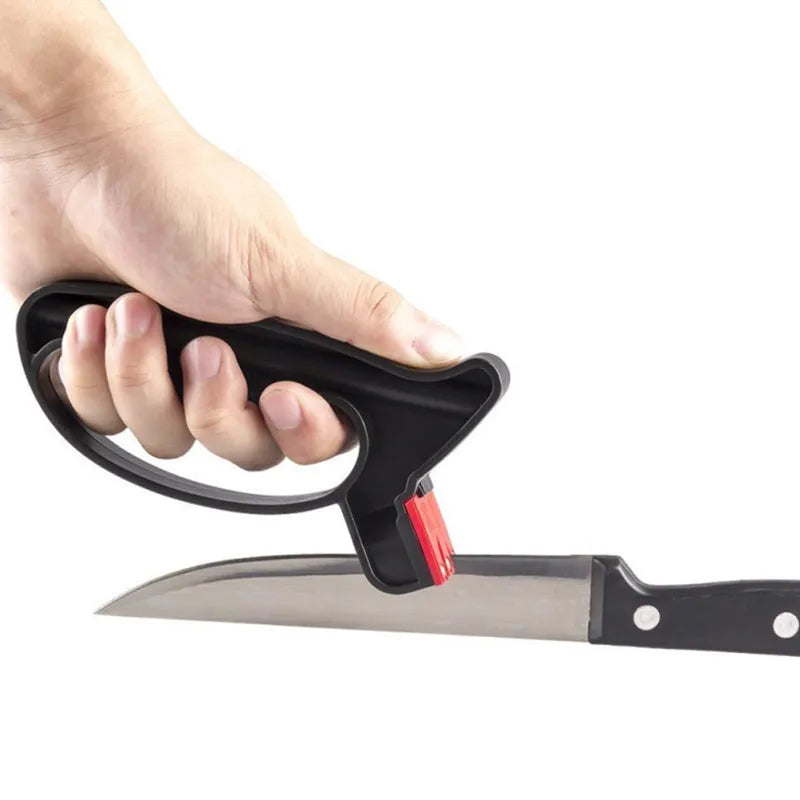 Black handheld knife and scissor sharpener tool with ergonomic handle and tungsten steel blade