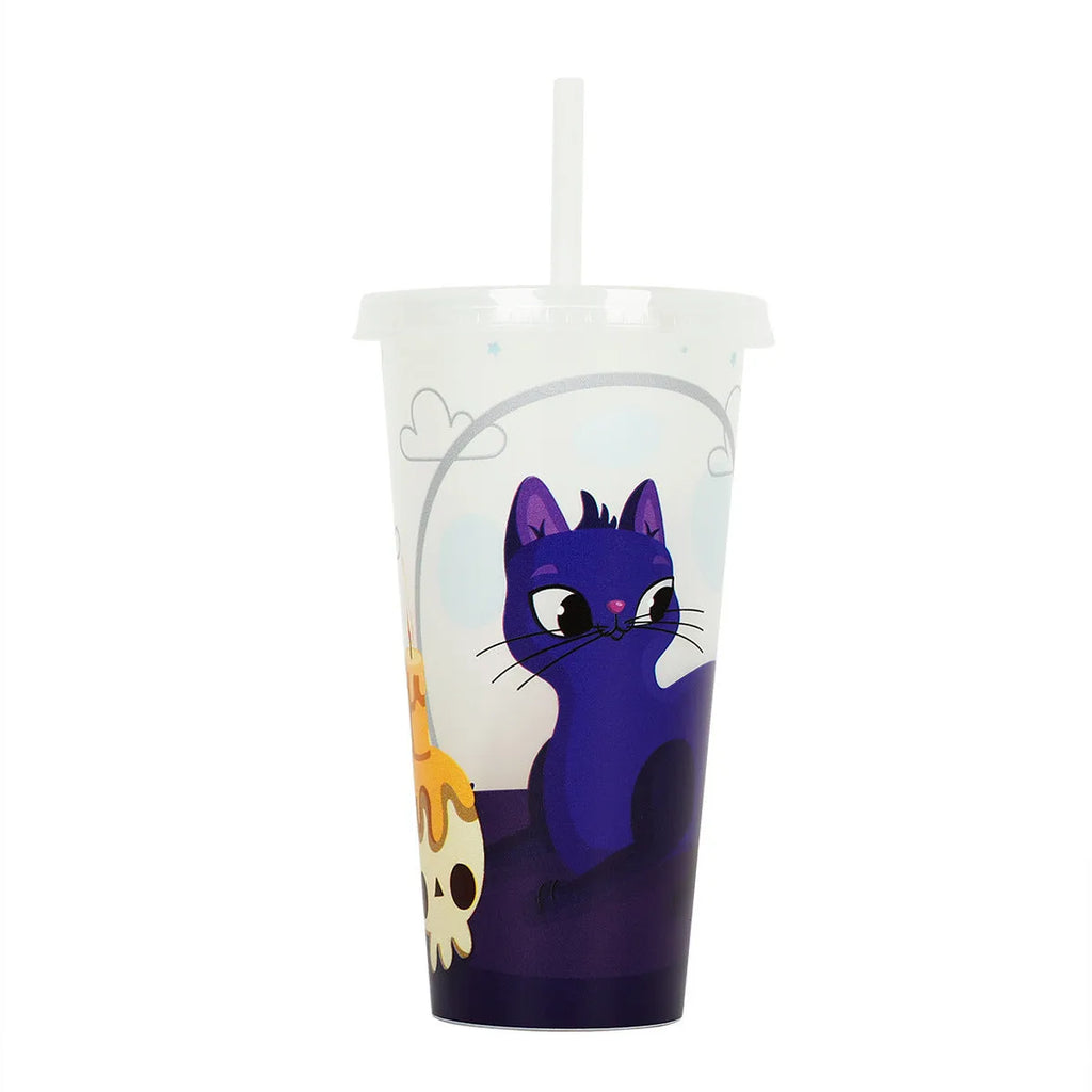 Halloween luminous reusable plastic sippy cup with straw, 720ml capacity, shown in one of six colours.