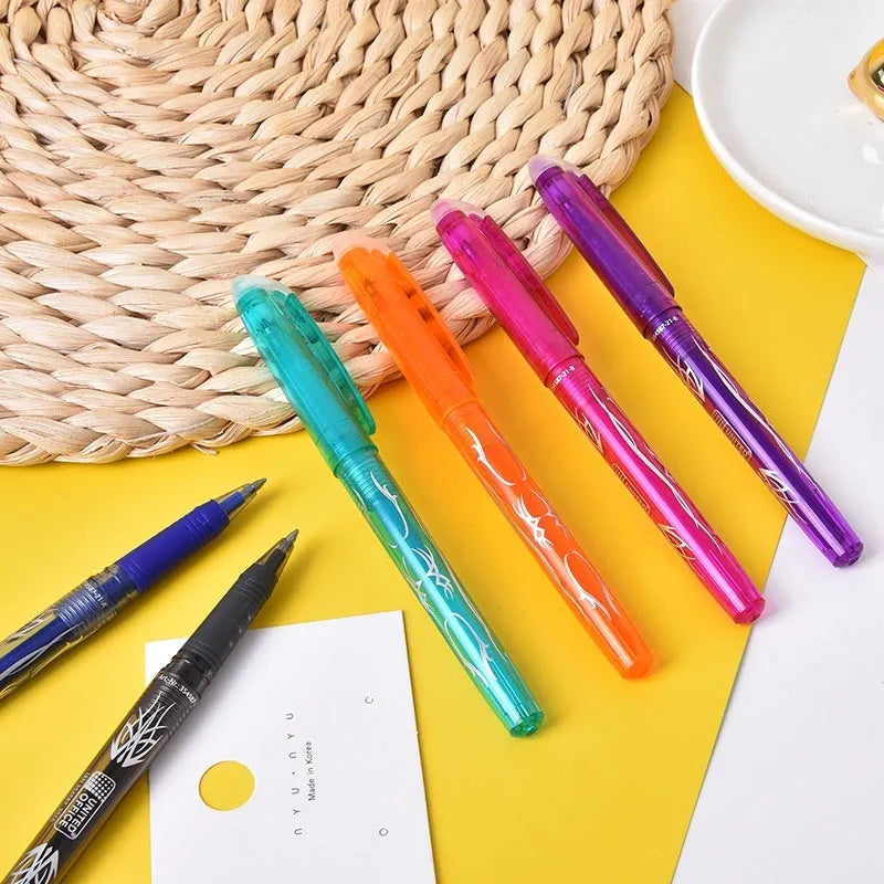 Heat-erasable gel pen set with multiple colours showing plastic shell and stainless steel nib options.