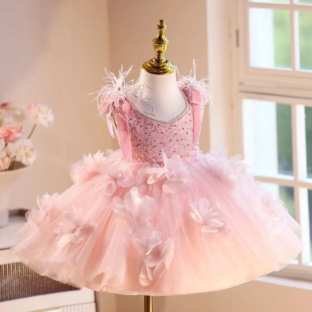 Pink polyester princess dress for girls, fits height 80-150cm, piano recital wear