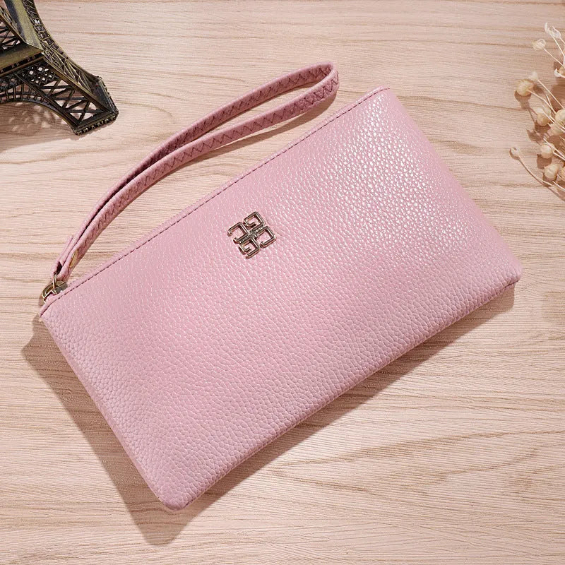 Long 55-inch PU leather zipper phone wallet handbag in solid colour with sewing line detail