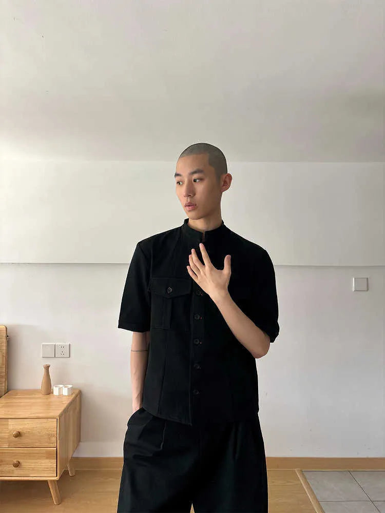 Black handmade half sleeve hunting shirt with shirt collar and single-breasted placket
