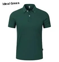 Man's light blue ice silk polo shirt with a lapel collar on a hanger.