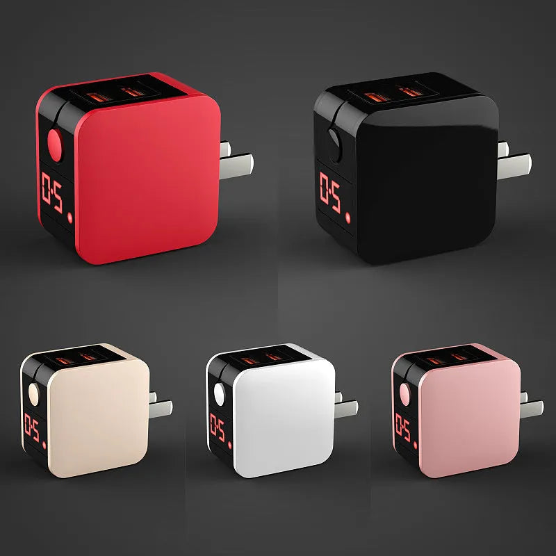 5V2.4A dual USB travel wall charger with digital display in black, white, or red colours