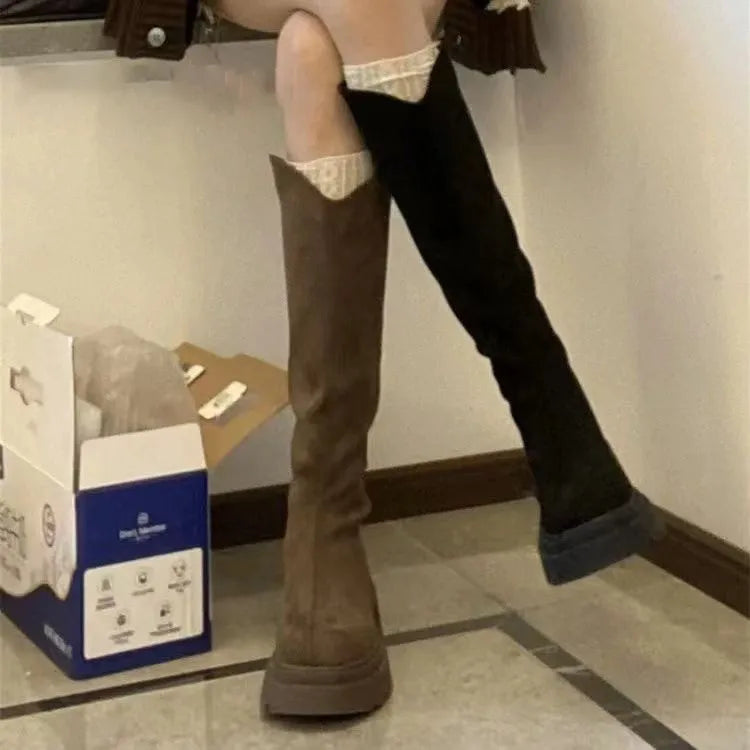 Women's solid colour wide-leg high-elasticity boots with mid heel and waterproof platform, available in black and brown
