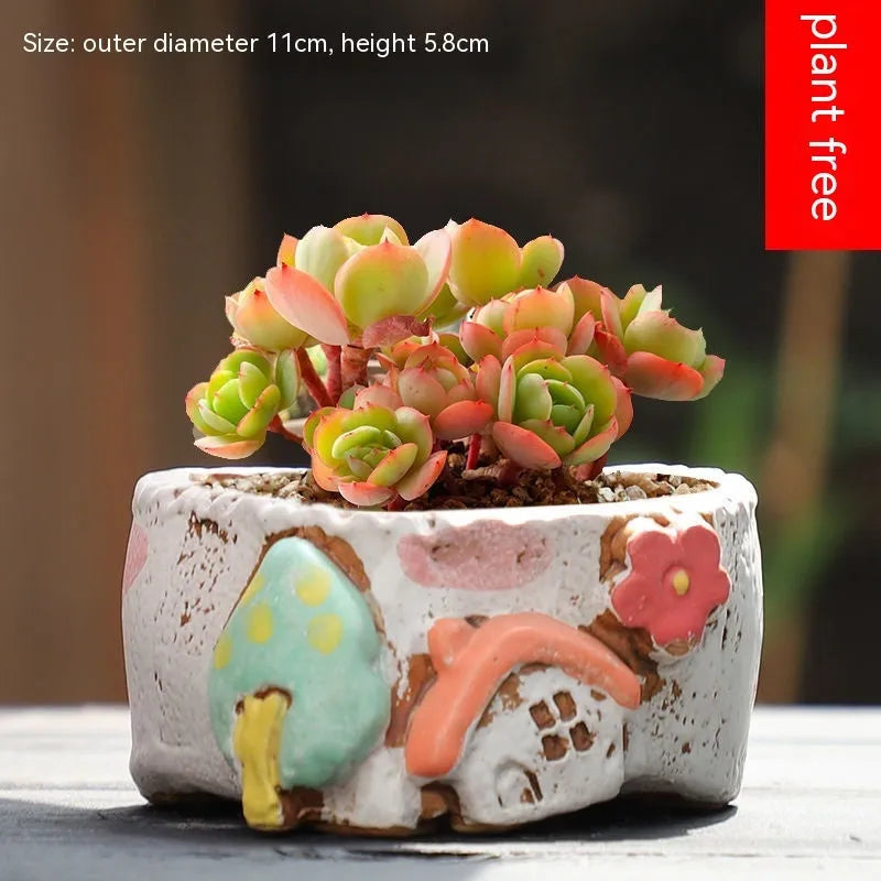 Hand-painted ceramic flowerpot with cute pastoral design for succulent plants