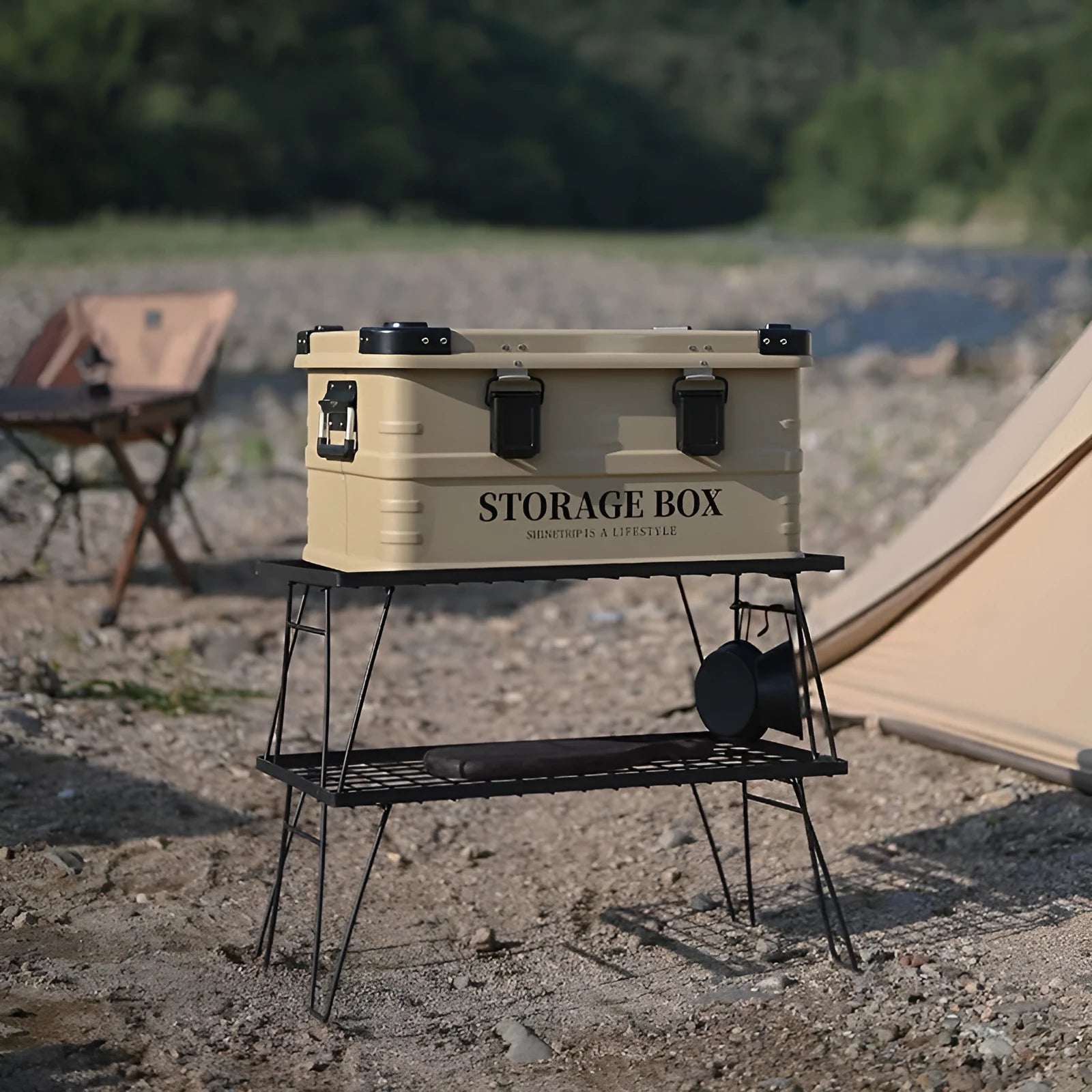 Waterproof vehicle-mounted storage box in army green, black and grey sand green colours showing medium and large sizes
