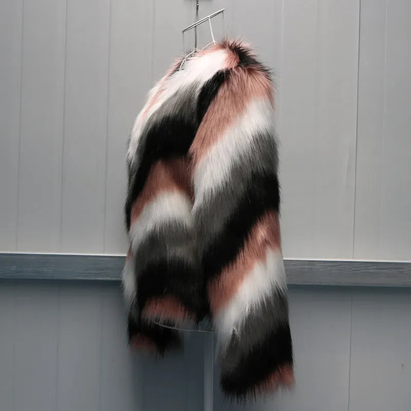 Korean style women's short coat in artificial faux fur with O-neck design