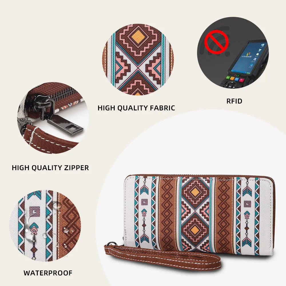 Bohemian striped canvas RFID wallet with wind belt closure in beige colour