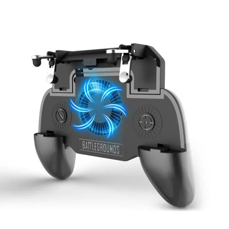 A black mobile game controller with USB connector for smartphones, showing physical buttons and triggers.