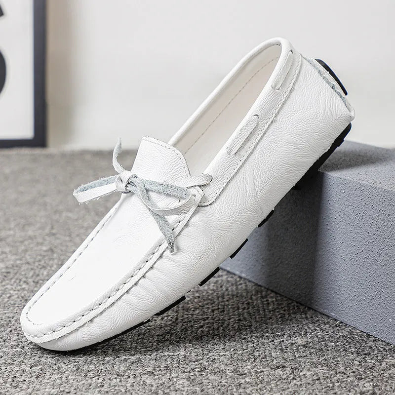 Summer men's genuine leather casual shoes in brown with sewing line detail