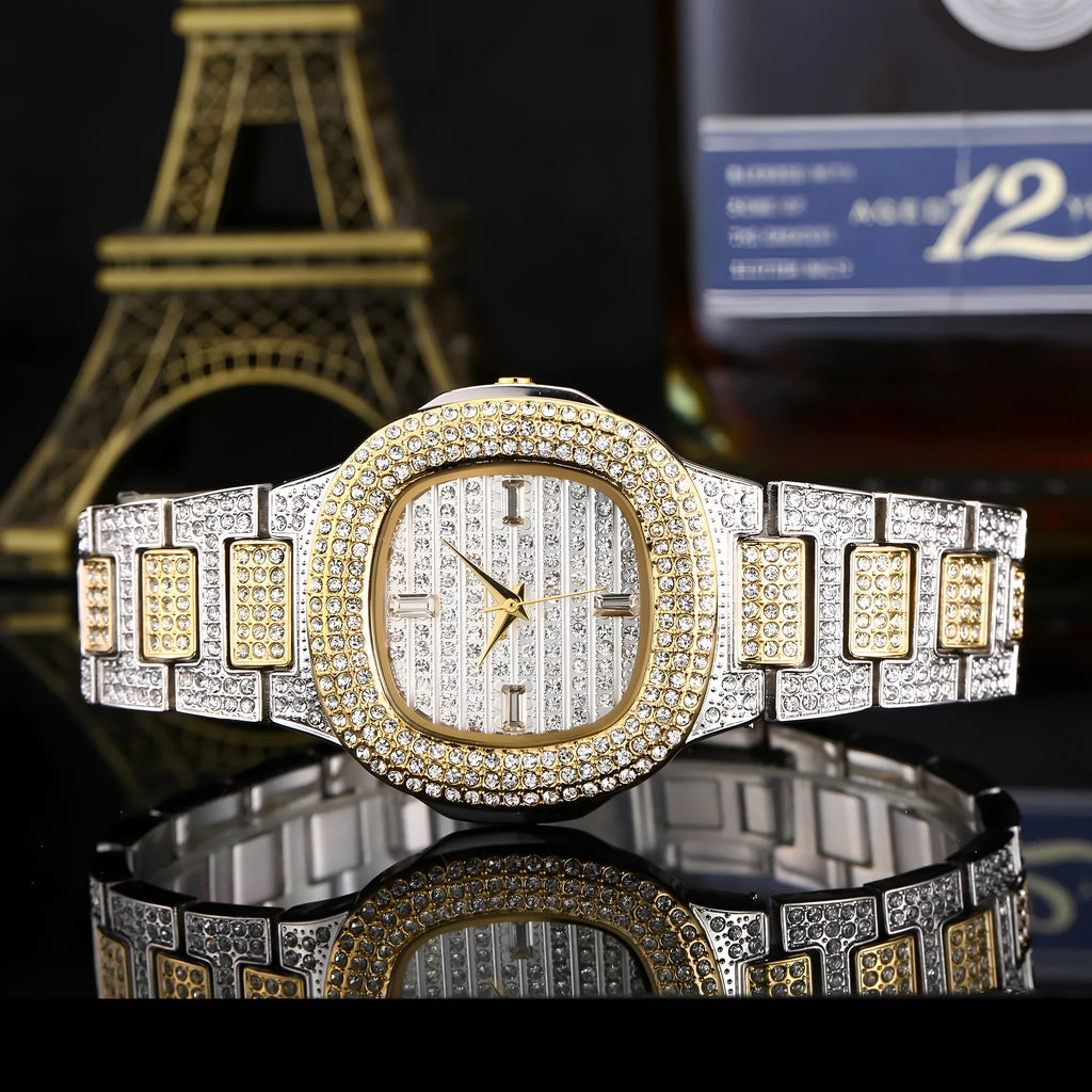 Women's fashion diamond watch with 37mm dial and alloy strap in golden finish