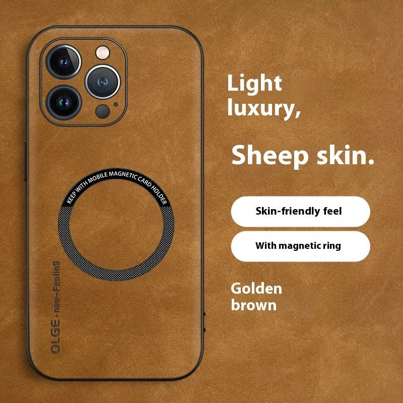 Magnetic Sheepskin All-inclusive Drop-resistant Business Phone Case Compatible with iPhone 12-16 Pro Max Series in Graphite Black Dark Night Green Sapphire Blue Golden Brown Galactic Gray