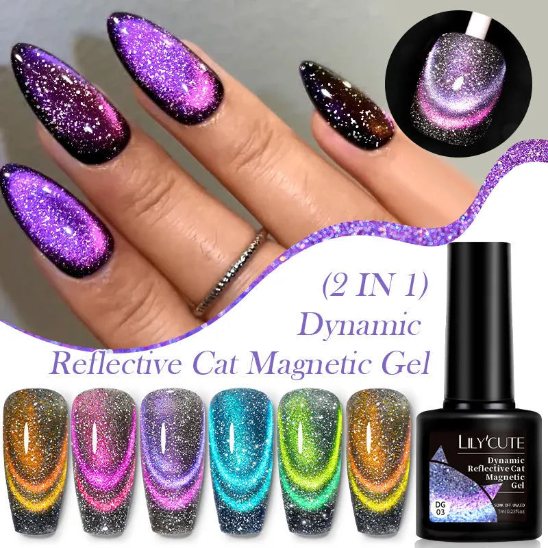 Cat eye nail polish gel with diamond glitter fragments in six colour style options including fluorescent UV brilliant variations