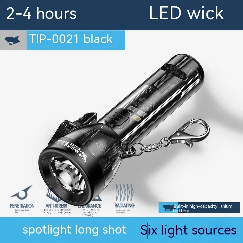 Black portable outdoor flashlight with USB charging port and compact plastic design