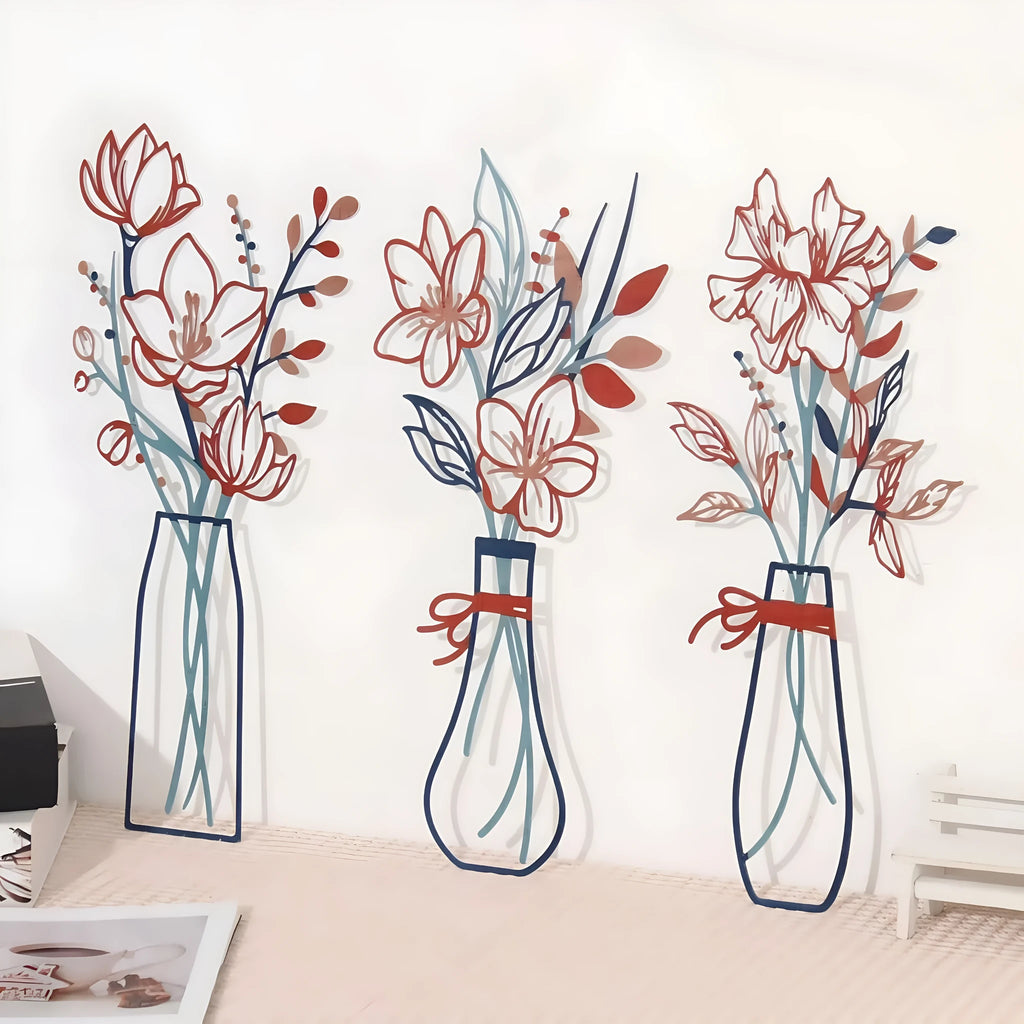 3-piece metal flowers wall art set in country farmhouse style for bathroom decoration