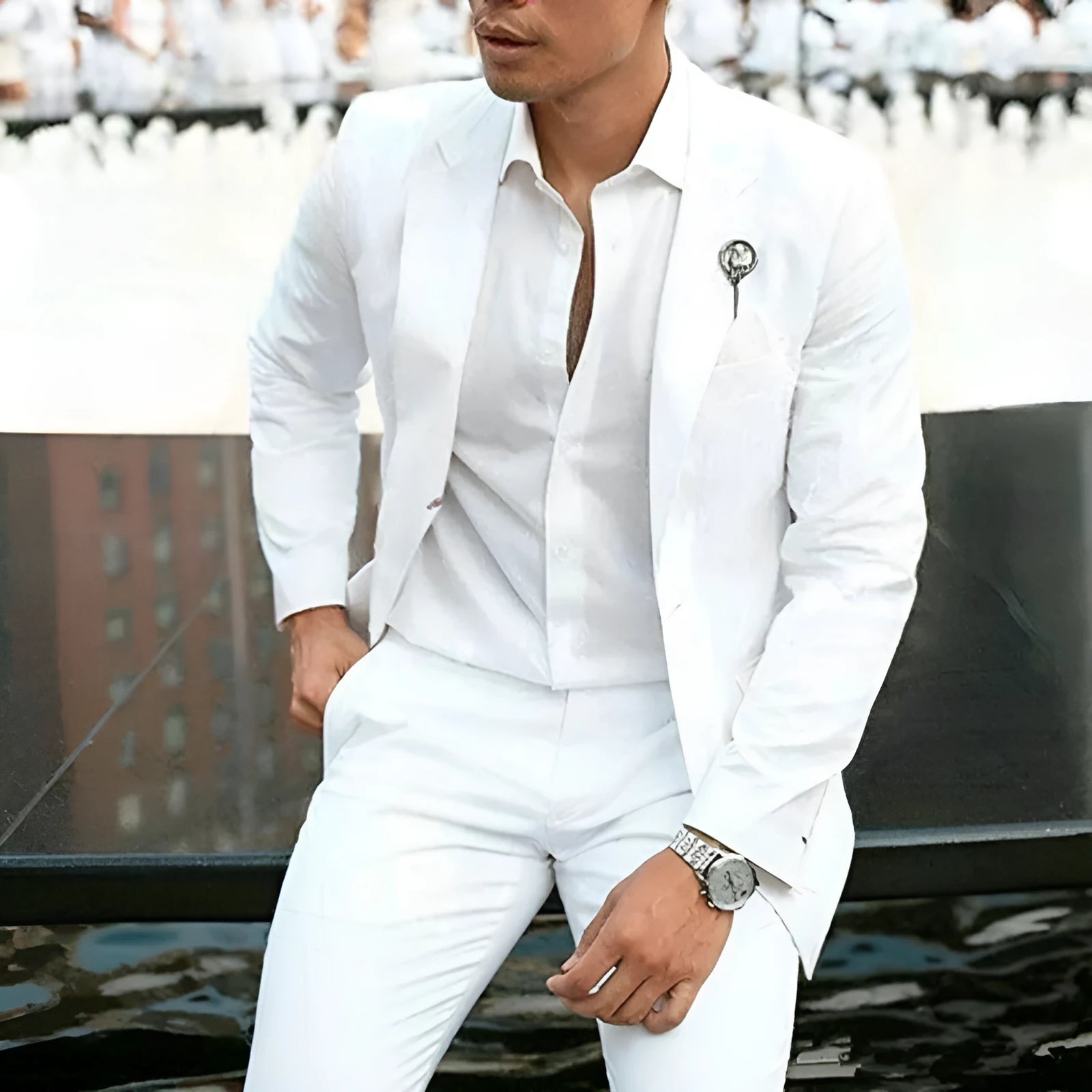 White slim fit men's two-piece wedding suit with acetate fabric construction