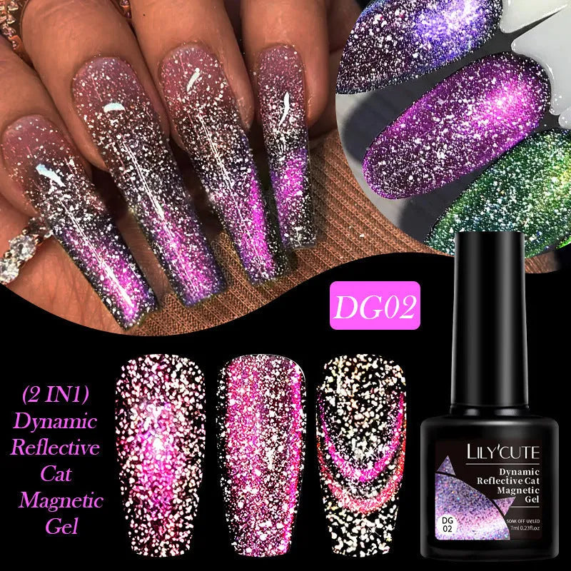 Cat eye nail polish gel with diamond glitter fragments in six colour style options including fluorescent UV brilliant variations