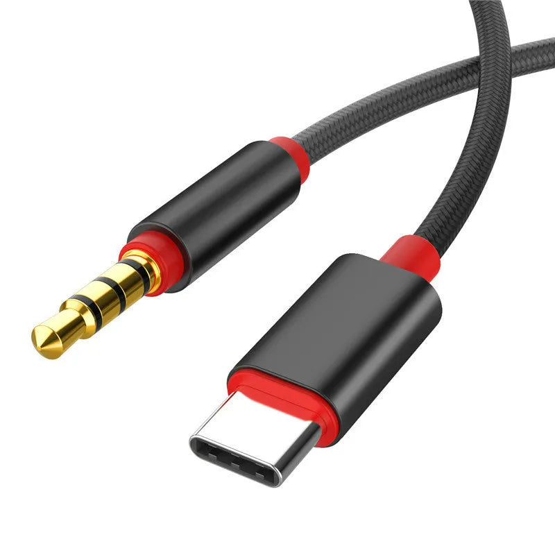 Nylon-braided 3.5mm audio cable with silver connectors in black and silver colour options.