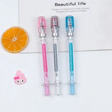 Vaccine design novelty gel pen with black 0.5mm refill and plastic construction