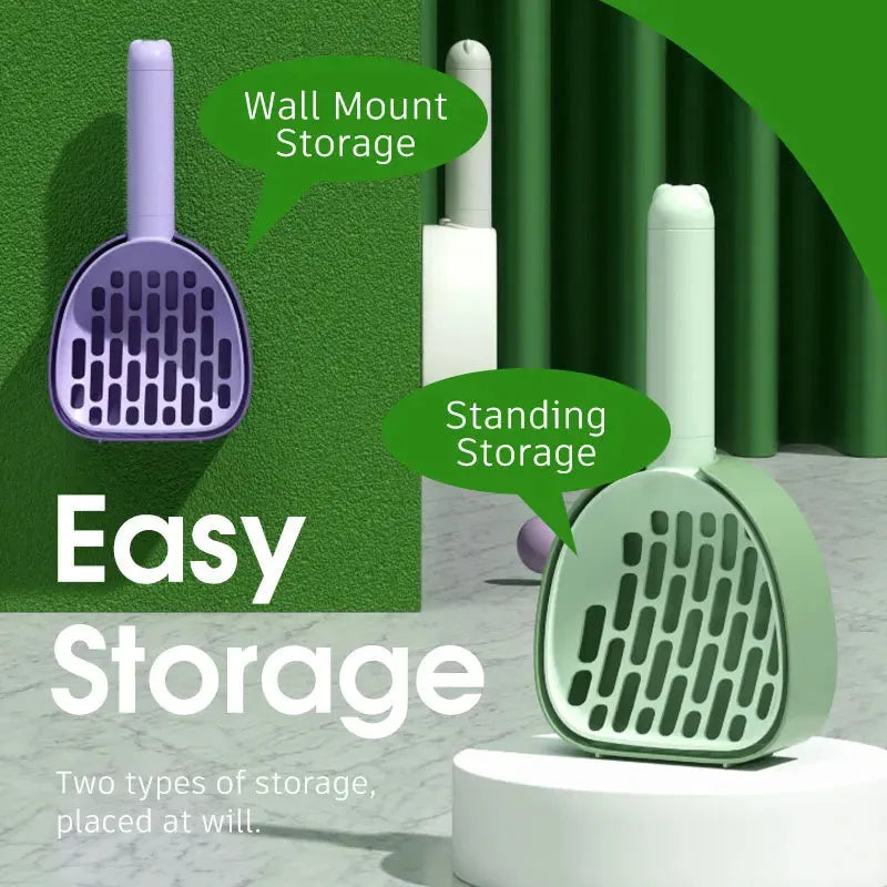 White ABS plastic cat litter scoop with storage base and hidden waste bag compartment