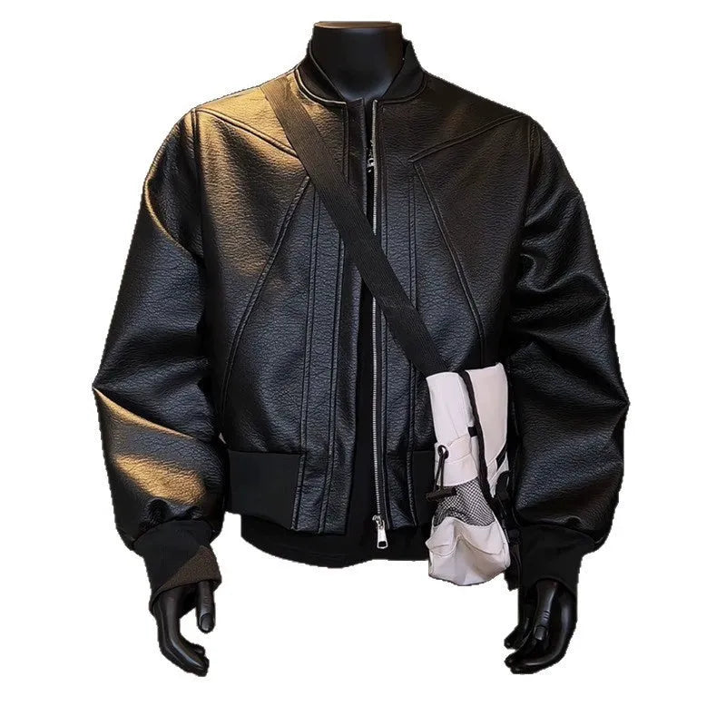 Men's black fitted PU leather jacket with litchi grain texture and 100cm extended length.