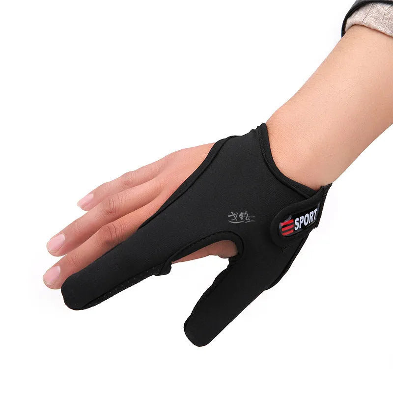 Two-finger fishing glove showing diving cloth back and microfiber palm in free size